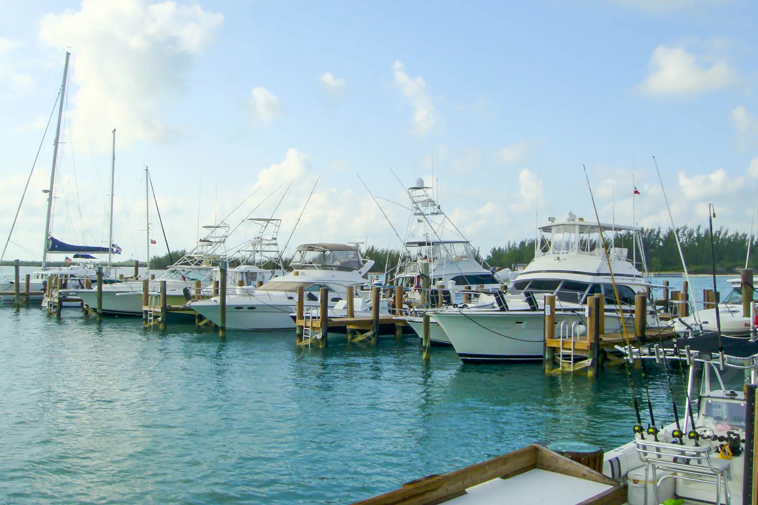 Sport-fishing and cruising boats docked in slips at Brown's Marina in Alice Town, Bimini