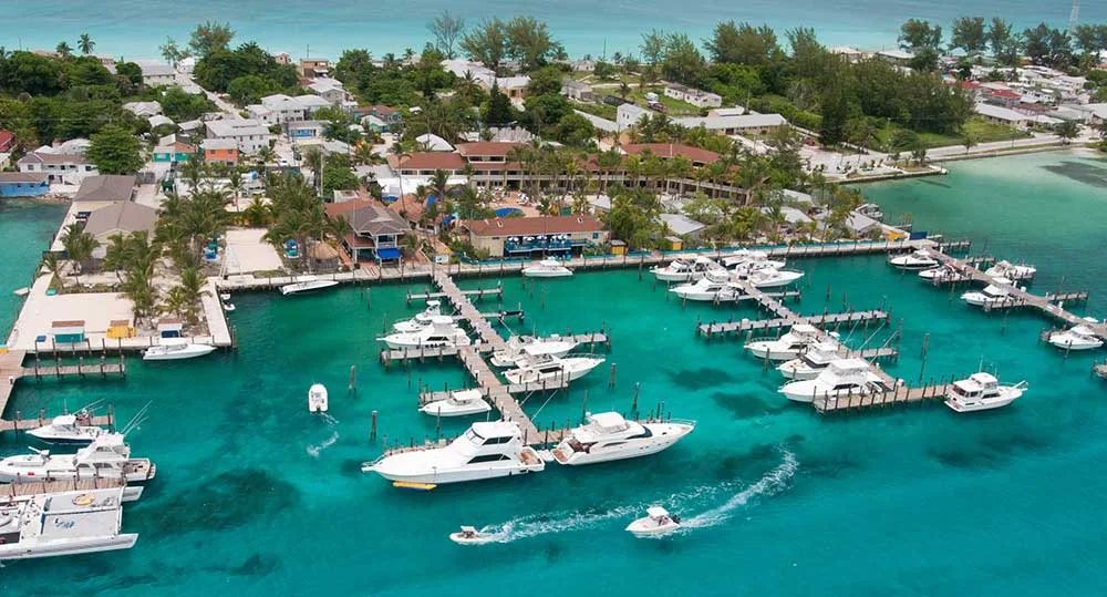 Aerial view of Bimini Big Game Club’s marina and grounds, the resort where WildQuest hosts its retreat